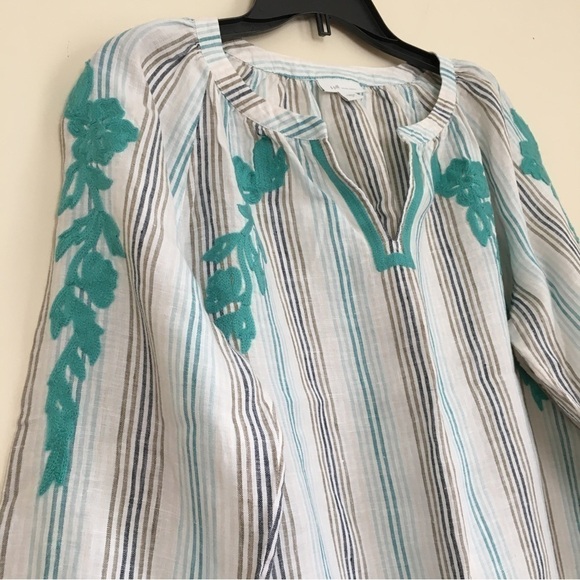 J. Jill 100% linen embroidered floral V-neck Long Sleeve Striped Blouse - Picture 5 of 16